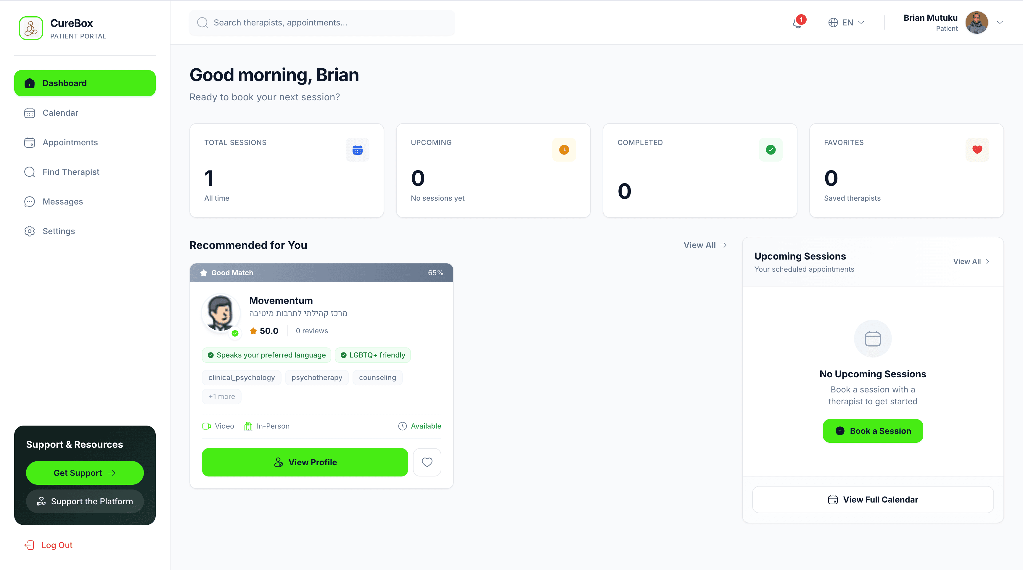 Curebox patient dashboard
