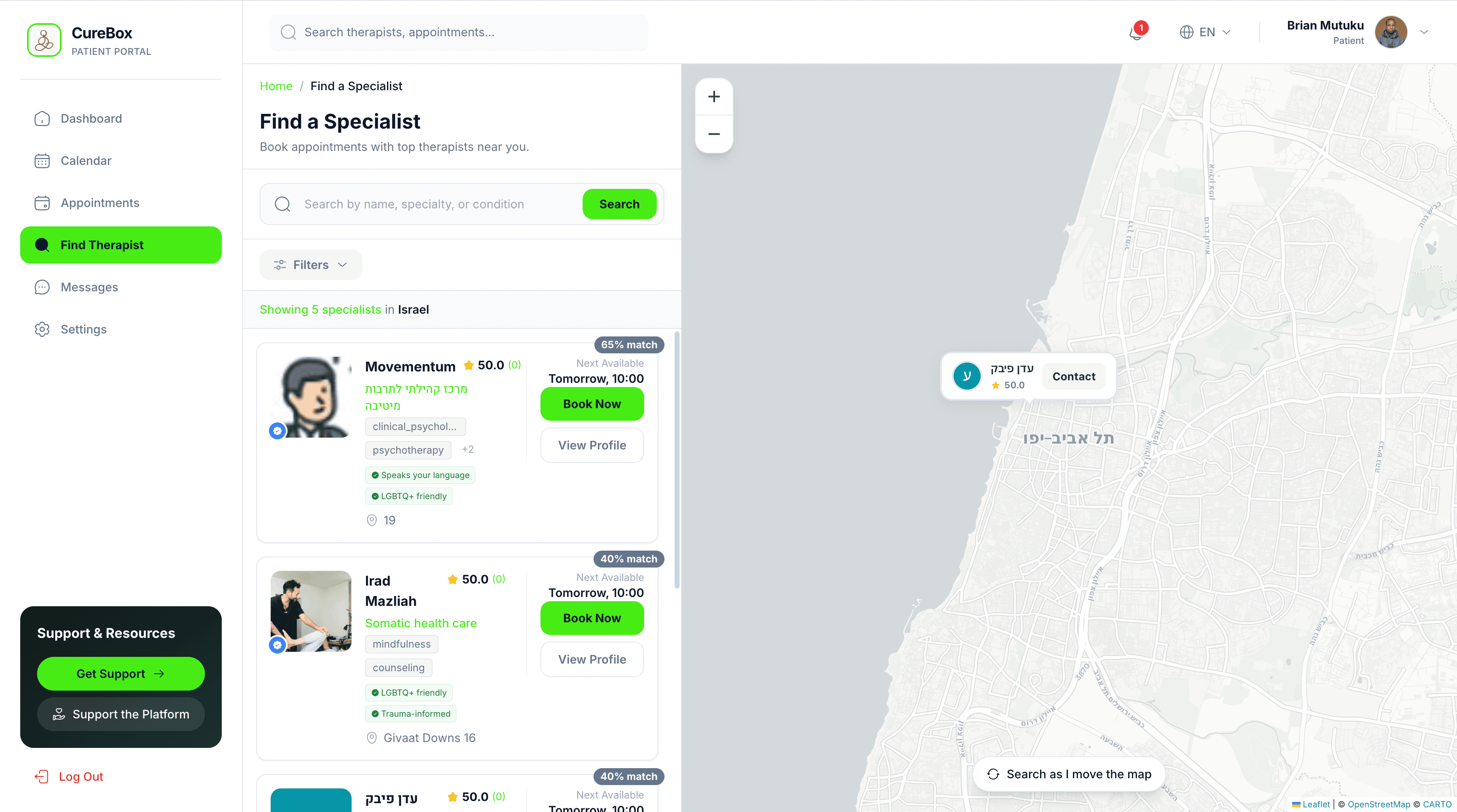 Curebox specialist search with map