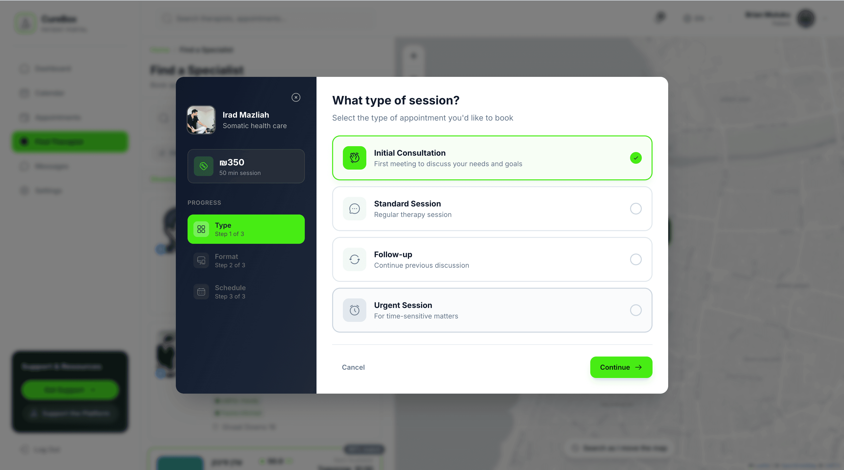 Curebox session type picker