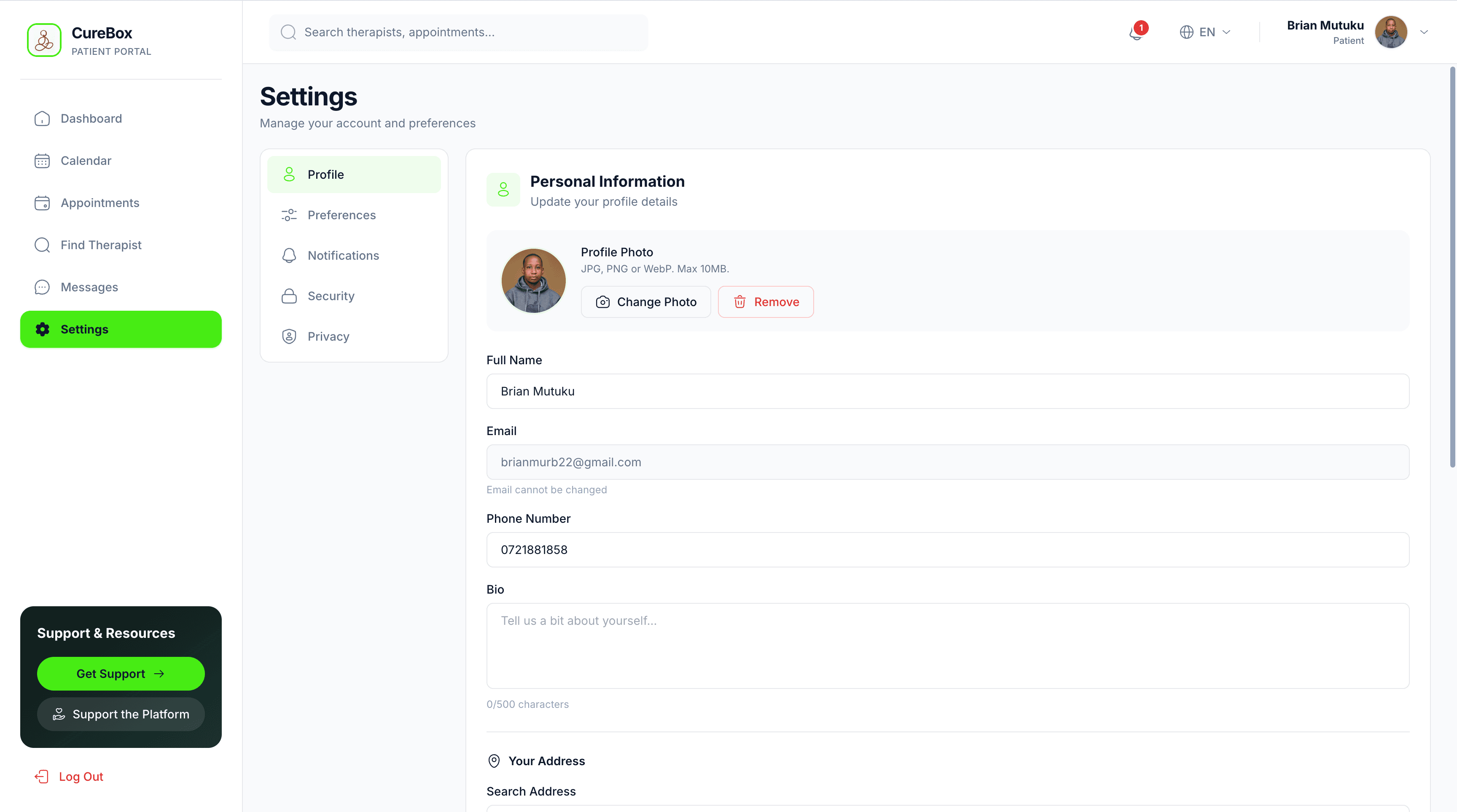 Curebox settings