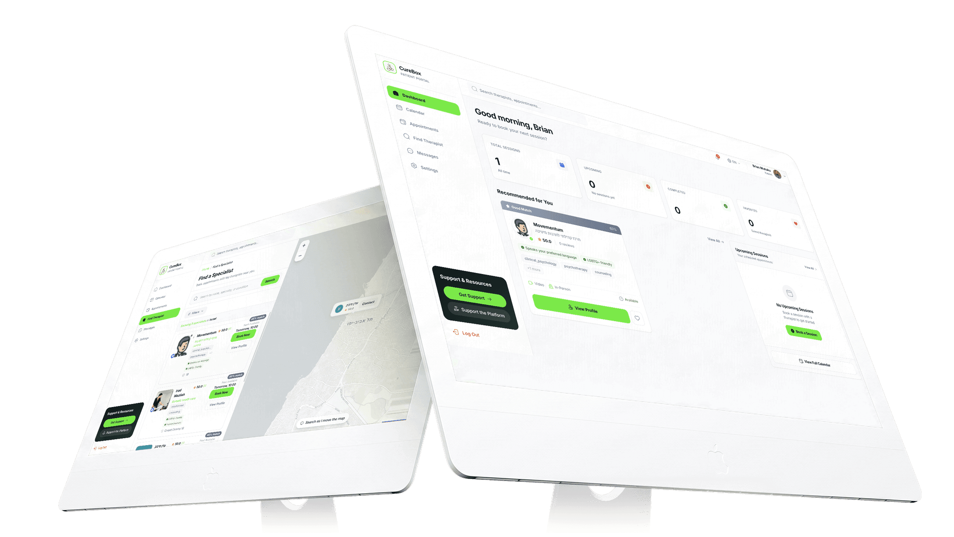 Curebox dashboard and specialist search on two desktops